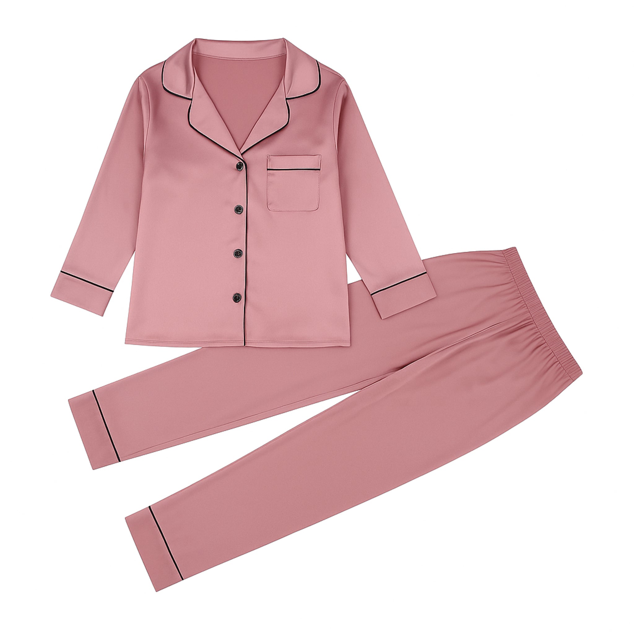 Women's soft silky touch satin pyjama set in rose pink with black piping, long sleeve button-up top and matching full-length trousers, comfortable nightwear